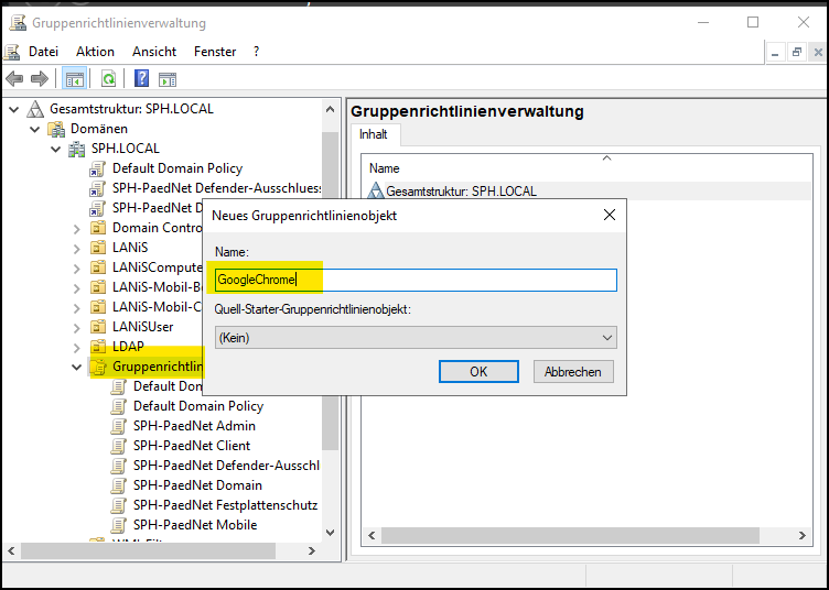 Gruppenrichtlinienverwaltung => Neues Gruppenrichlinienobjekt anlegen