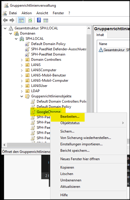 Gruppenrichtlinienverwaltung => Neues Gruppenrichlinienobjekt bearbeiten