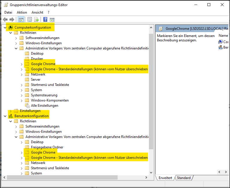 Gruppenrichlinienverwaltungseditor mit Eintragungen für Google Chrome