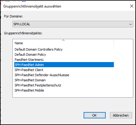 Fenster "Gruppenrichtlinie auswählen" / Gruppenrichtlinie „SPH-PaedNet Admin“