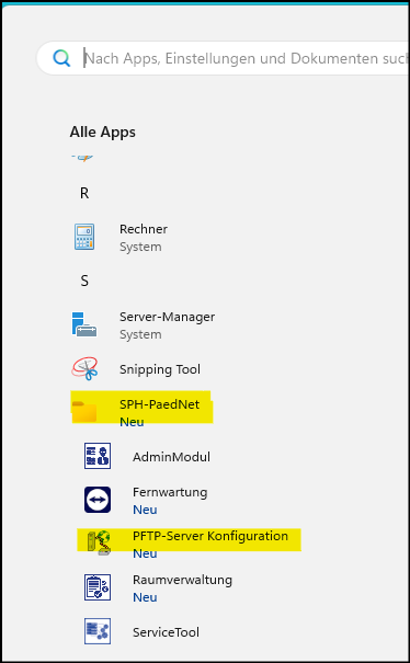 Startmenü "SPH-PaedNet" / "PFTP-Server Konfiguration"