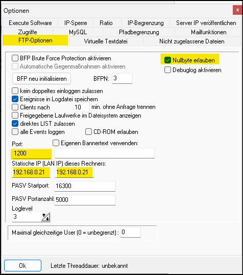 Fenster "Optionen" / Reiter „FTP-Optionen“