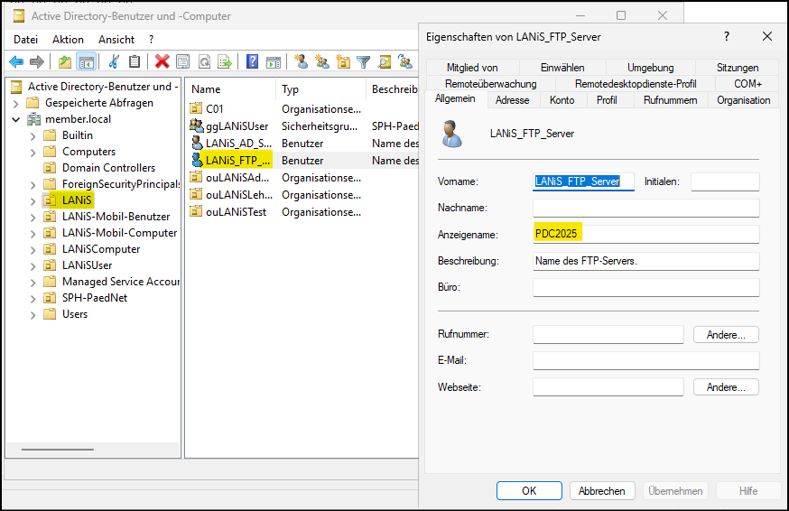 Active Directory OU "LANiS" Benutzer  User „LANiS_FTP_Server“