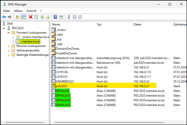 Fenster "DNS-Manager" User "SPHALIAS"