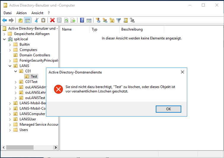 Fehlermeldung des AD beim Löschversuch eines AD-Objekts