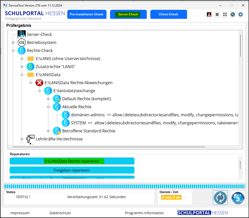 Programm "ServiceTool" / "Servercheck" / "LANiSData Rechte reparieren"