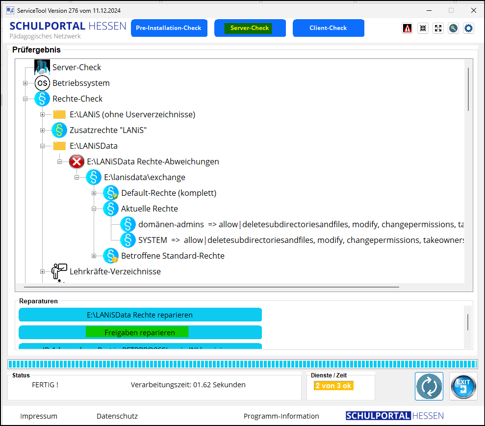 Programm "ServiceTool" / "Servercheck" / "Freigaben reparieren"