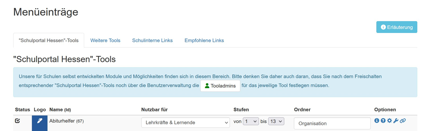 Liste der angebotenen Tools