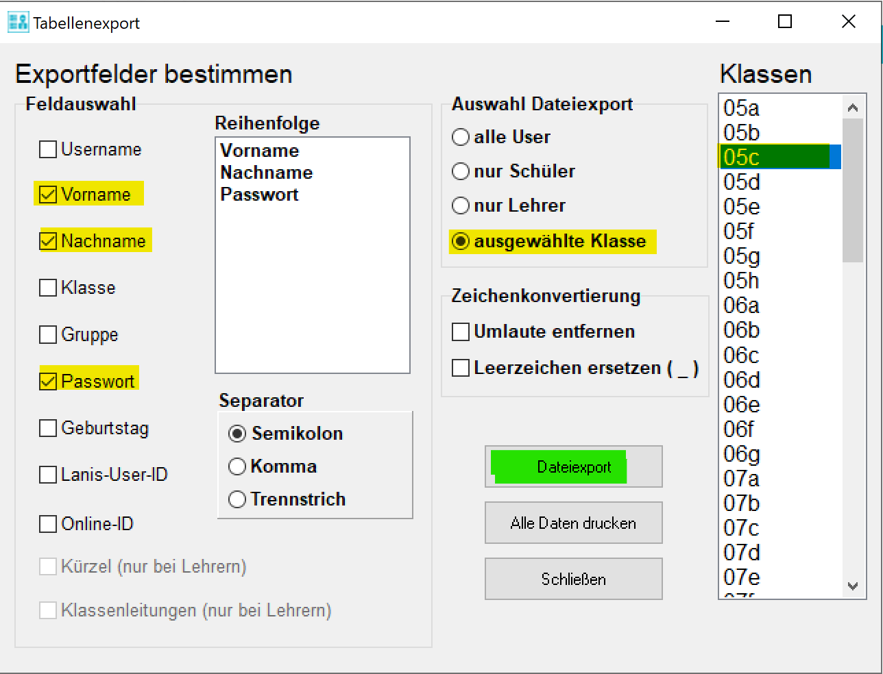 Beispiel eines Tabellenexports für eine Klasse