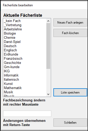 Auflistung aktueller Fächer