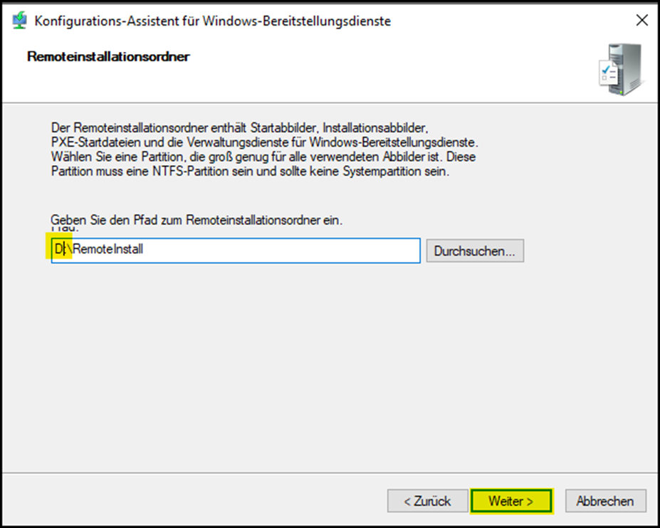 Fenster "Remoteinstallationsordner"