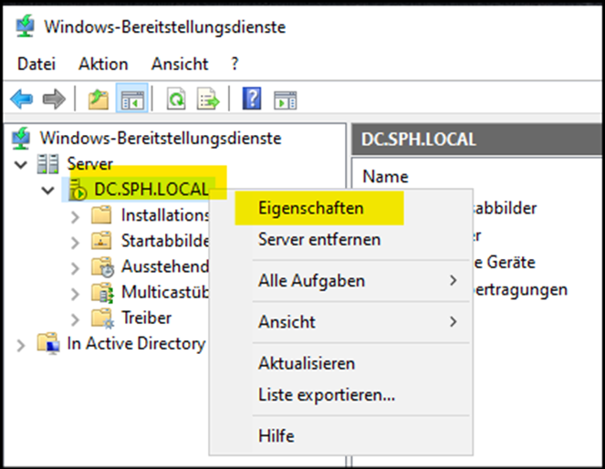 Fenster "Windows-Bereitstellungsdienste" - Eigenschaften des Servers