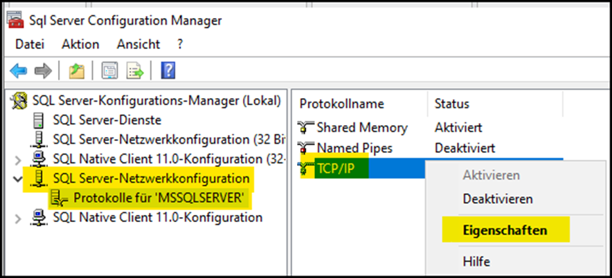 Fenster "Sql Server Configuration Manager"