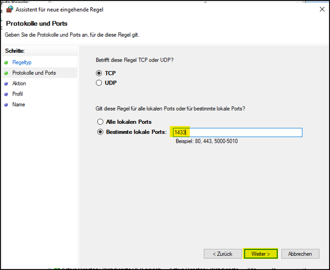 Fenster "Assistent für neue eingehende Regel" / Unterfenster "Protokolle und Ports"