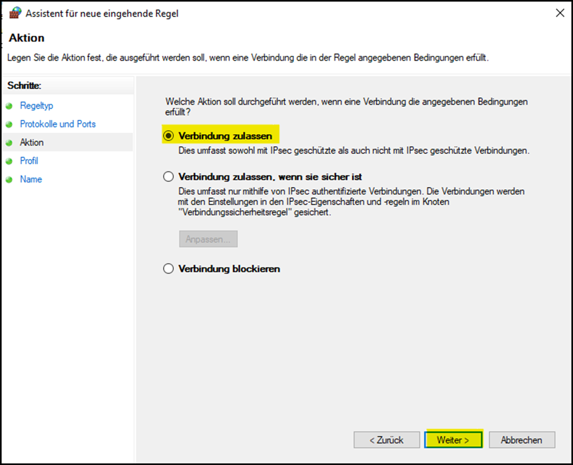 Im Fenster "Assistent für neue eingehende Regel" / Unterfenster "Aktion"