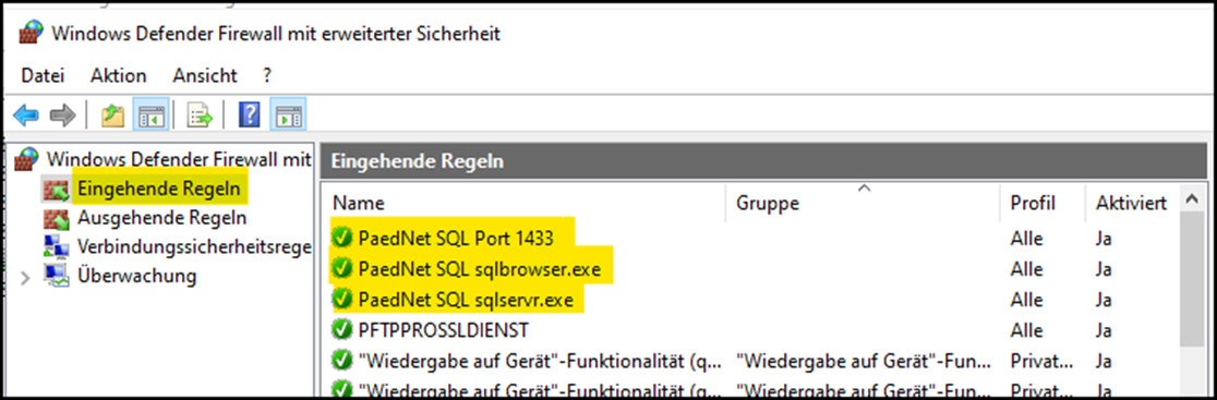 Fenster "Windows Defender Firewall mit erweiterter Sicherheit