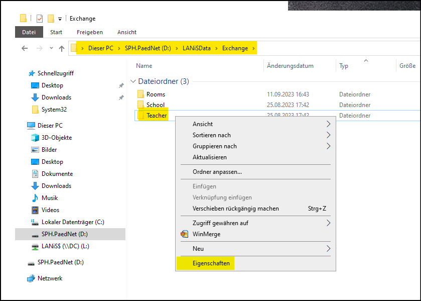 Windows-Explorer mit Kontextmenü für Ordner <PaedNet-Laufwerk>:\lanisdata\exchange\teacher