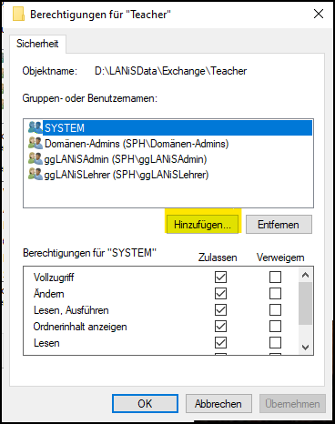 Fenster "Berechtigungen für "Teacher"