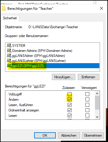 Fenster "Berechtigungen für Teacher" Bereich "Berechtigungen für "ggLezi""