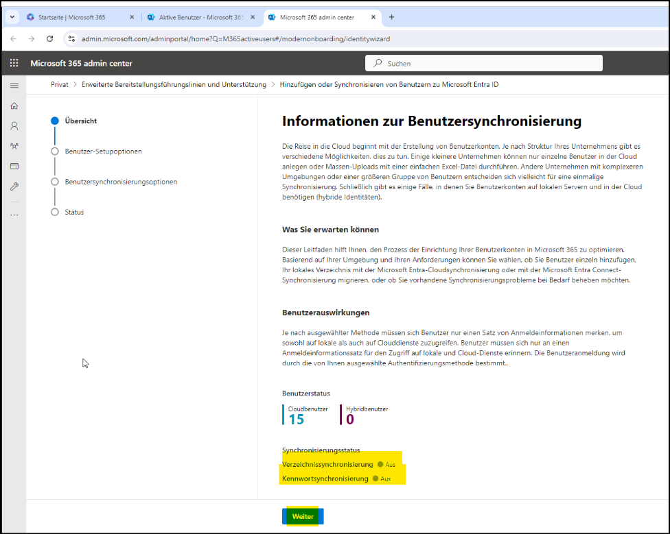 Seite "Informationen zur Benutzersynchronisation"