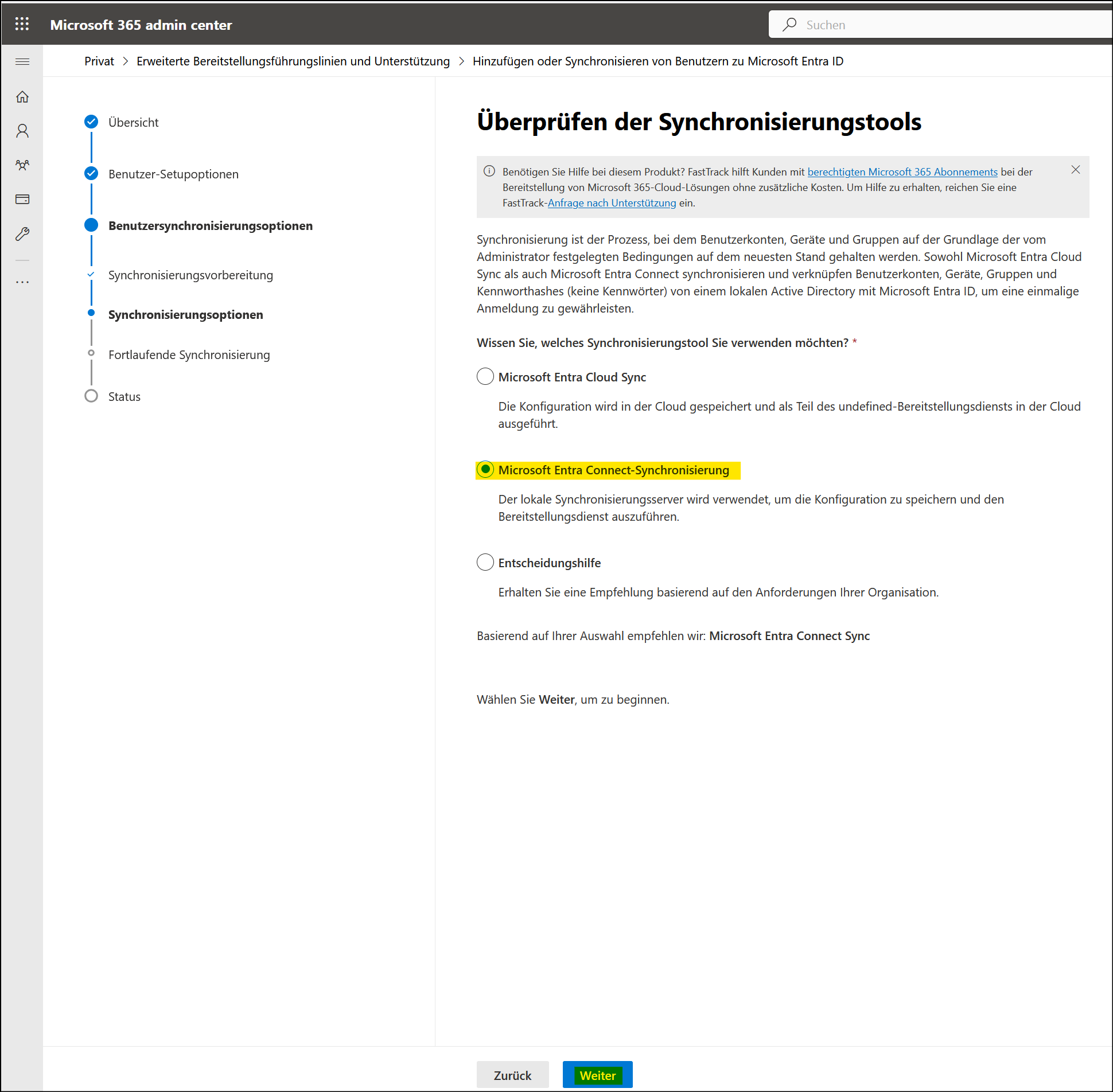 Seite "Überprüfen des Synchronisierungstools"