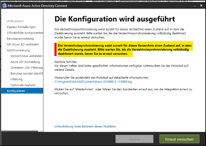 Programm "Microsoft Entra Connect-Synchronisierung" / Seite "Die Konfiguration wird ausgeführt"