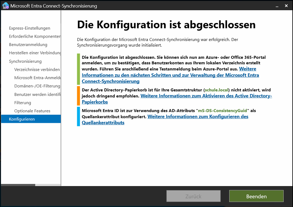 Programm "Microsoft Entra Connect-Synchronisierung" / Seite "Die Konfiguration ist abgeschlossen"