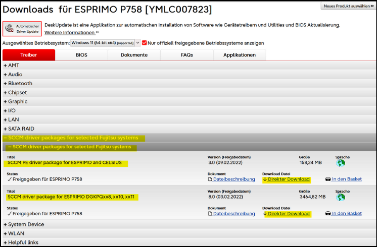 Downloadseite für Fujitsu SCCM-Treiber
