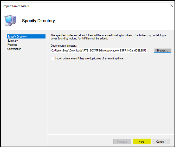 Fenster "Import Driver Wizard" Bereich "Specify Directory"