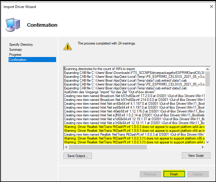 Fenster "Import Driver Wizard" Bereich "Confirmation"