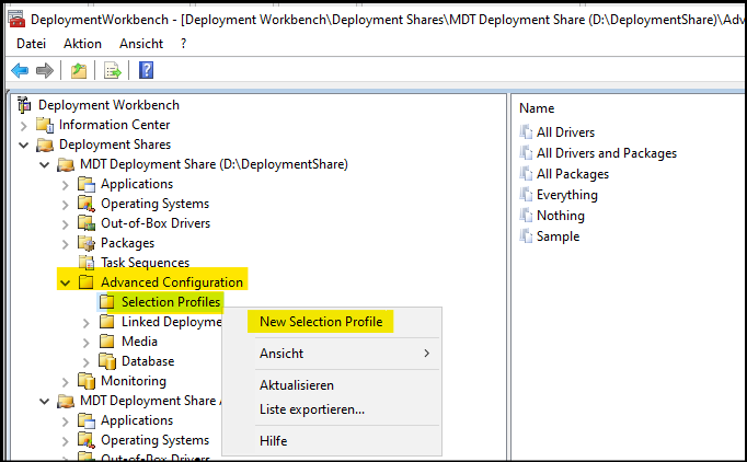 Bereich "Advanced Configuration" => "Selection Profiles" => "New Selection Profile"