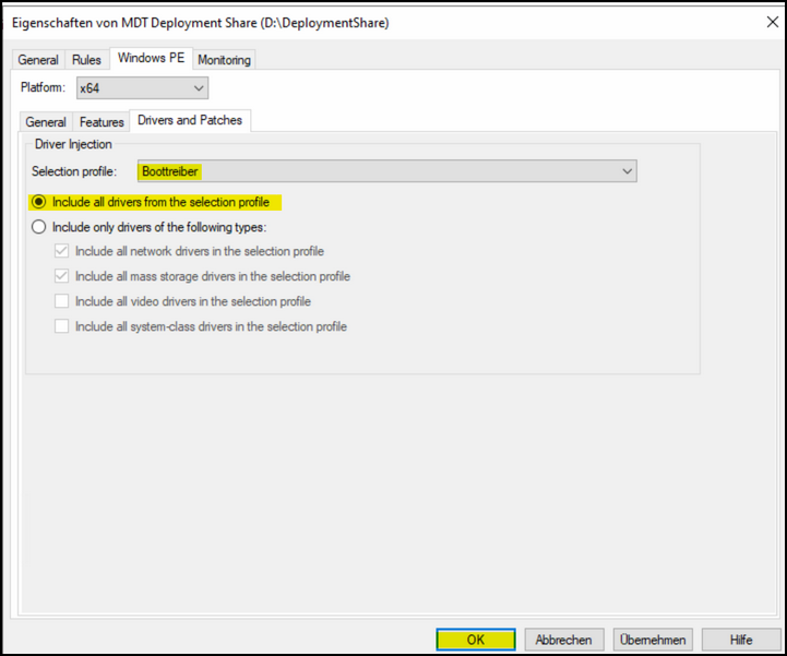 Fenster "Eigenschaften von MDT Deployment Share" Reiter "Windows PE" Platform "x64" Reiter "Drivers and Patches" 2