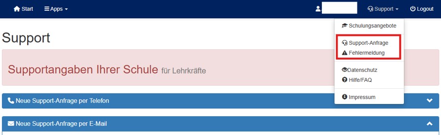 Meldung von Störungen oder Ausfälle über das Supportmenü in der Pädagogischen Organisation