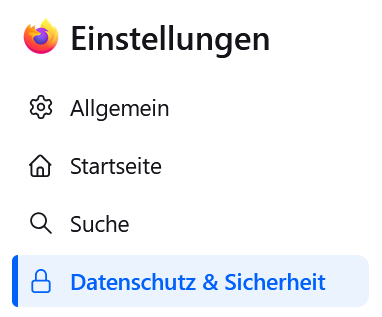 Ansicht in der als vierter Auswahlbereich Datenschutz und Sicherheit gewählt werden kann.