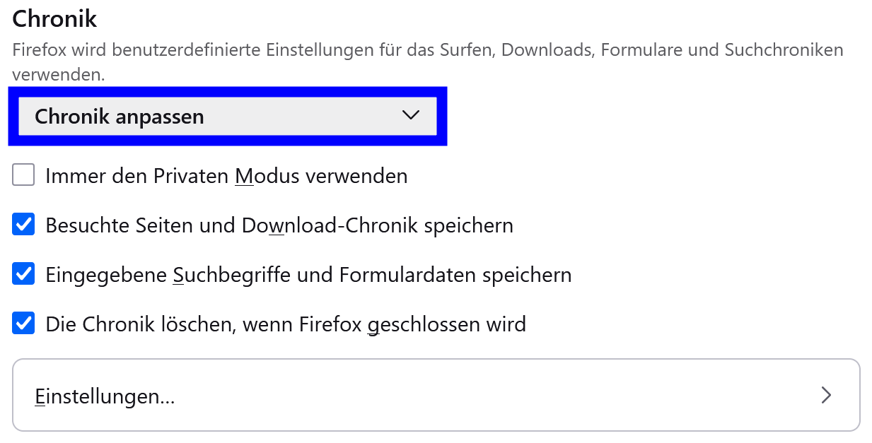 Übersicht, wie über "Chronik anpassen" die Bedingungen abgehakt werden können.