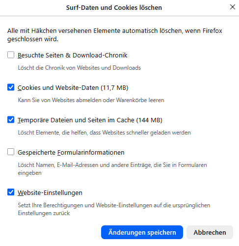 Übersicht über die Optionen um Surf-Daten und Cookies zu löschen