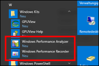 Das Bild zeigt die Startmenu Einträge "Windows Performance Analyzer" und "Windows Performance Recorder"