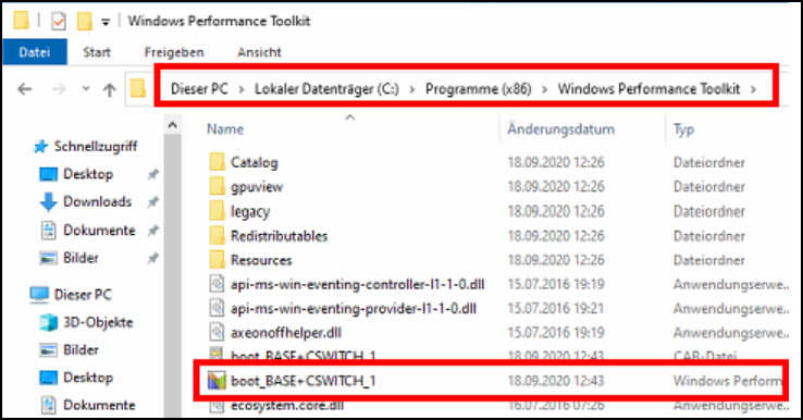 Das Bild zeigt den Dateiexplorer mit dem zughörigen Pfad, wo die Datei "boot_BASE+CSWITCH_1.etl" zu finden ist.