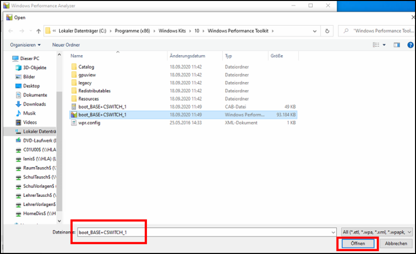 Das Bild zeigt, wie man mit dem Windows Performance Analyzer die Datei „boot_BASE+CSWITCH_1.etl“ öffnet.
