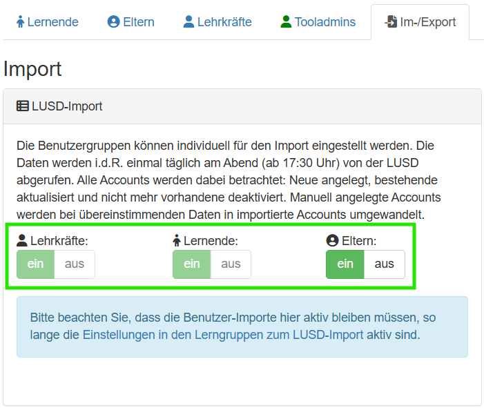 Aktivierung der LUSD-Schnittstelle in der Benutzerverwaltung