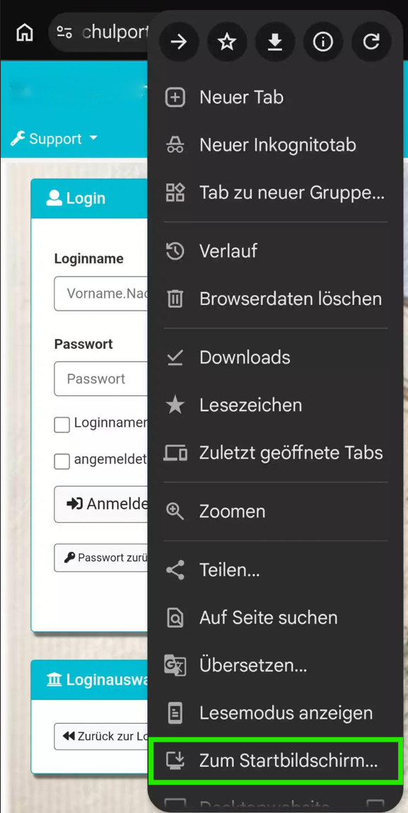 Browsermenü bei Androidgeräten Button Zum Startbildschirm