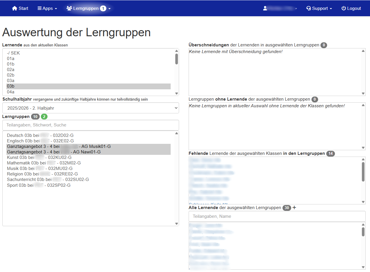 Auswertung der Lerngruppen