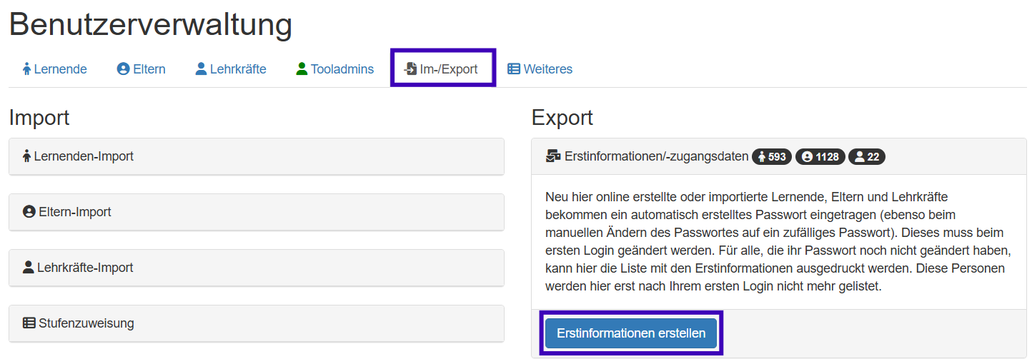 Exportdialog Benutzerverwaltung