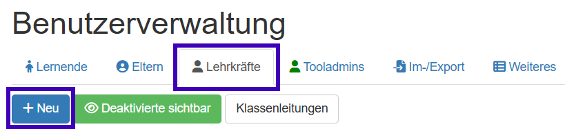 Tabellenkopf der Benutzerverwaltung Lehrkräfte