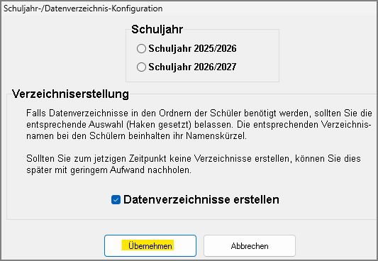 Fenster "Schuljahr-/Datenverzeichnis-Konfiguration"