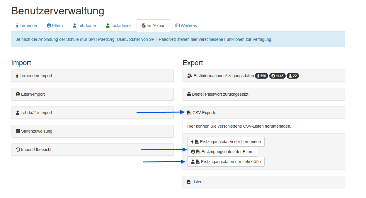 Reiter Import/Export in der Benutzerverwaltung unter Verweis auf die verschiedenen CSV-Exporte