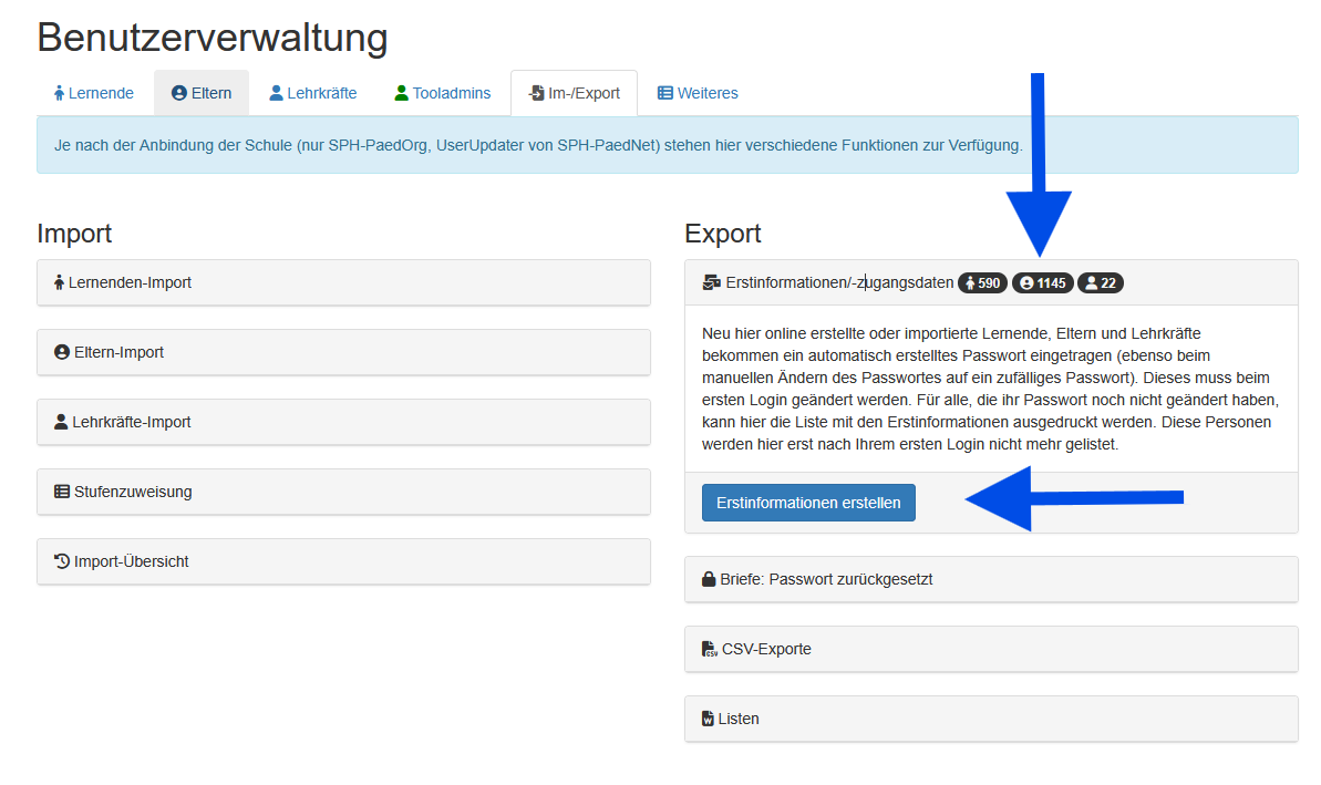 Reiter Import/Export - Verweis auf Export - Erstinformationen erstellen, Hinweis auf die Zählung noch offener Erstzugangsdaten