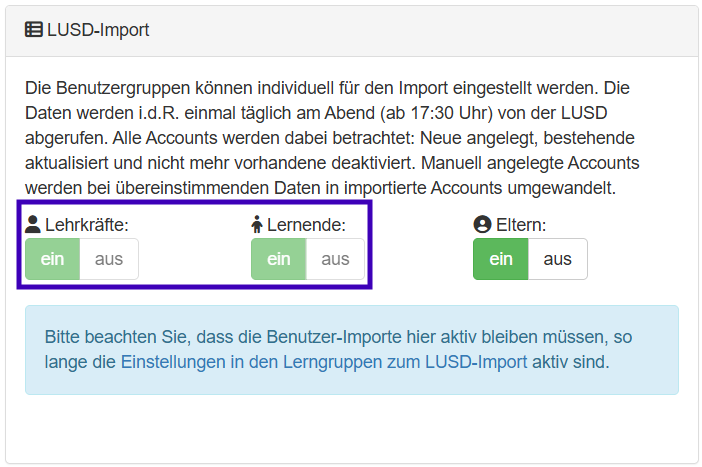 LUSD-Schnittstelle in der Benutzerverwaltung deaktiviert -Schalter ausgegraut.