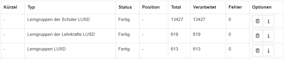 Ansicht der drei Importvorgänge in der Importübersicht