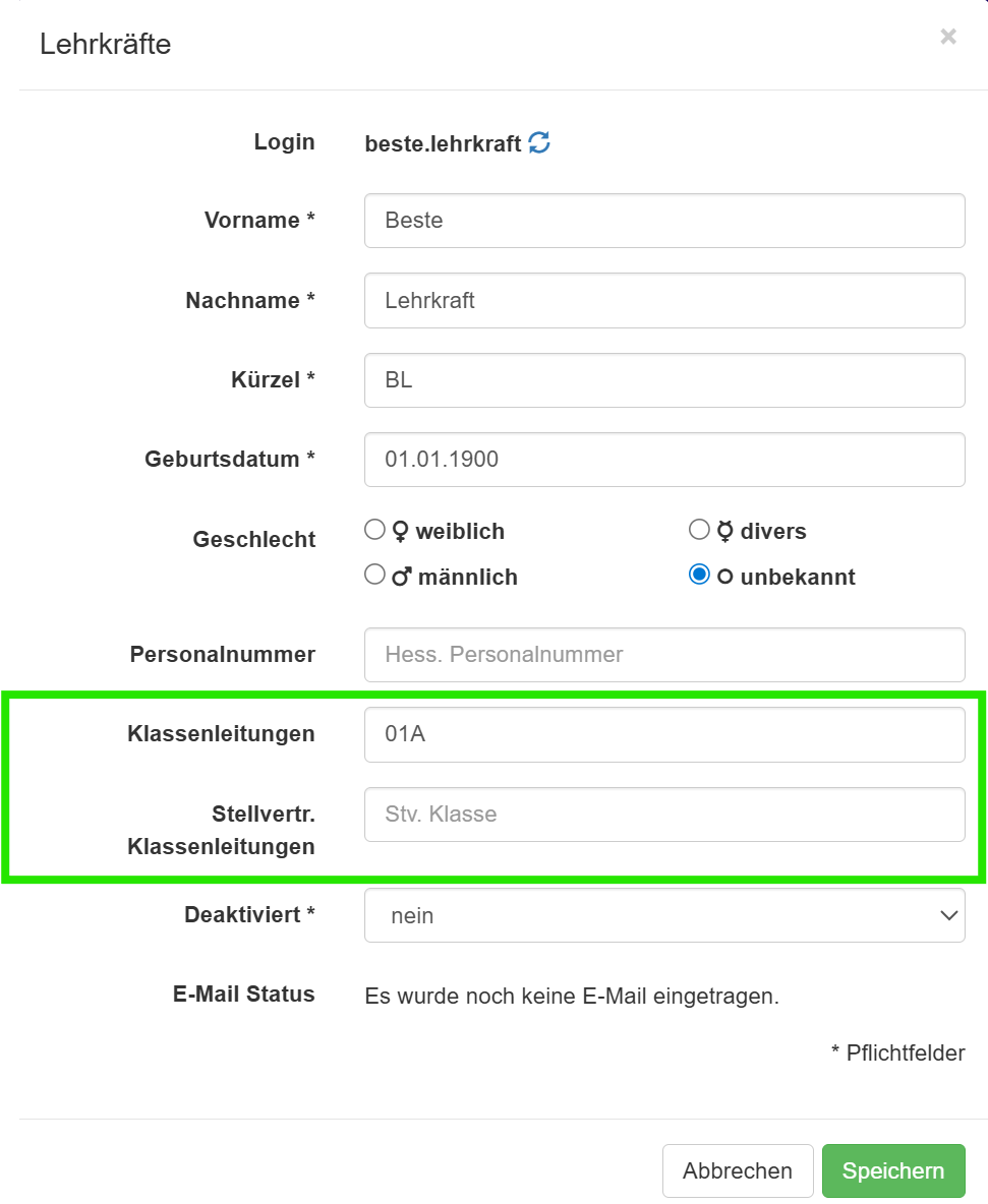 Ansicht der Datenfelder für Klassenleitung im Lehrkraftprofil